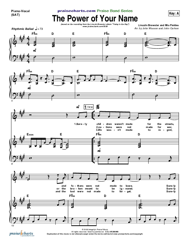 The Power Of Your Name Piano/Vocal (SAT) (Lincoln Brewster)