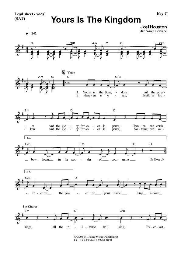 Yours Is The Kingdom Lead Sheet (SAT) (Dennis Prince / Nolene Prince)