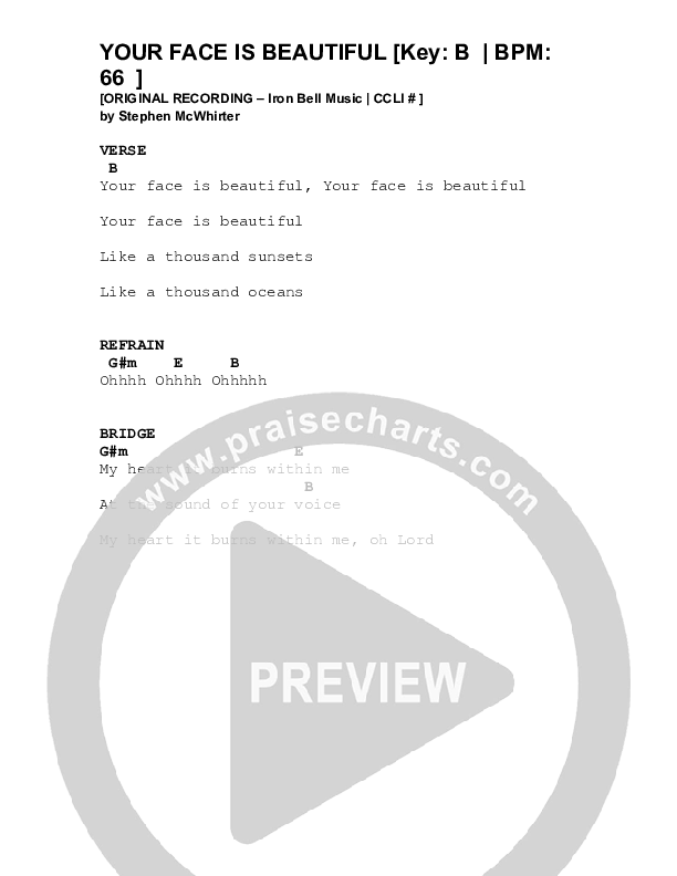 Your Face Is Beautiful Chords & Lyrics (Iron Bell Music)