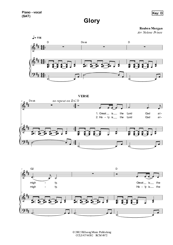 Glory Piano/Vocal (SAT) (Dennis Prince / Nolene Prince)