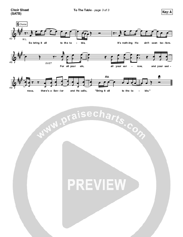 To The Table Choir Sheet (SATB) (Zach Williams)