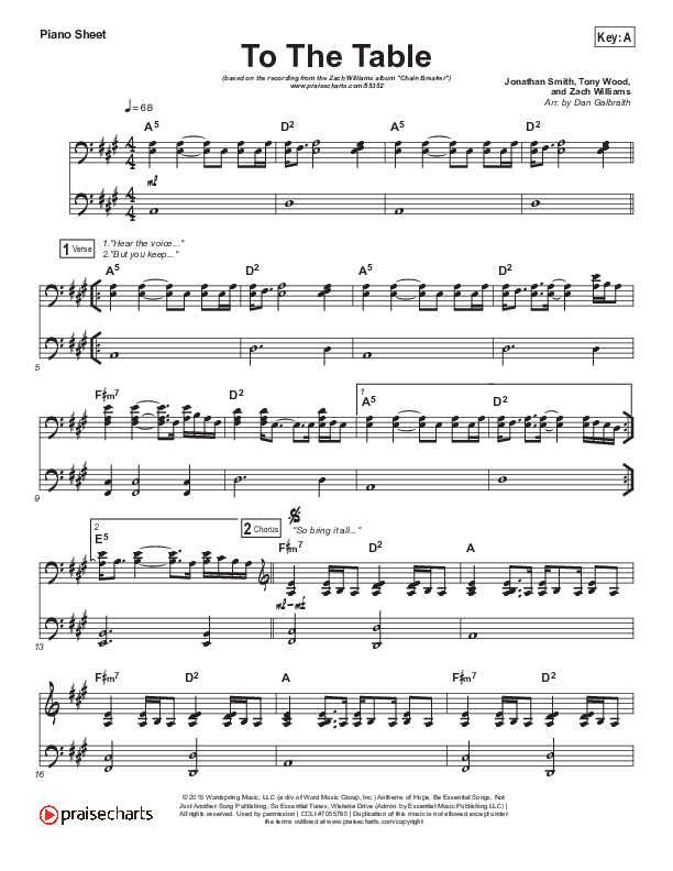 To The Table Piano Sheet (Zach Williams)