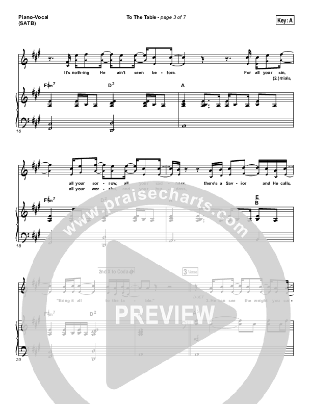 To The Table Piano/Vocal (SATB) (Zach Williams)