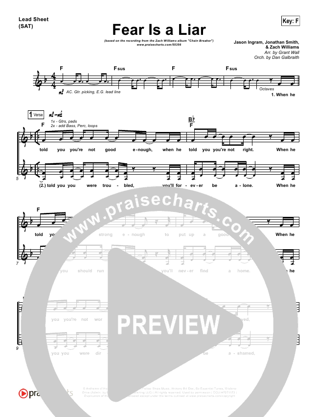 Fear Is A Liar Lead Sheet &amp; Piano/Vocal - Zach Williams | PraiseCharts
