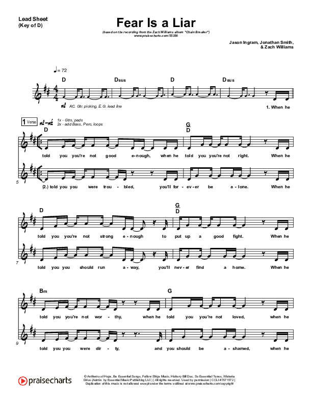 Fear Is A Liar Lead Sheet (Melody) (Zach Williams)