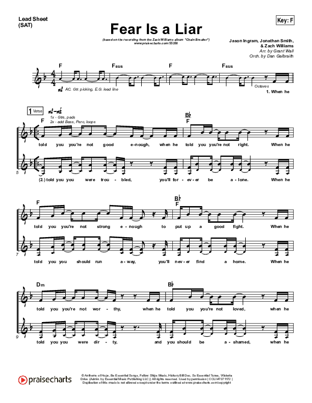 Fear Is A Liar Lead Sheet (SAT) (Zach Williams)