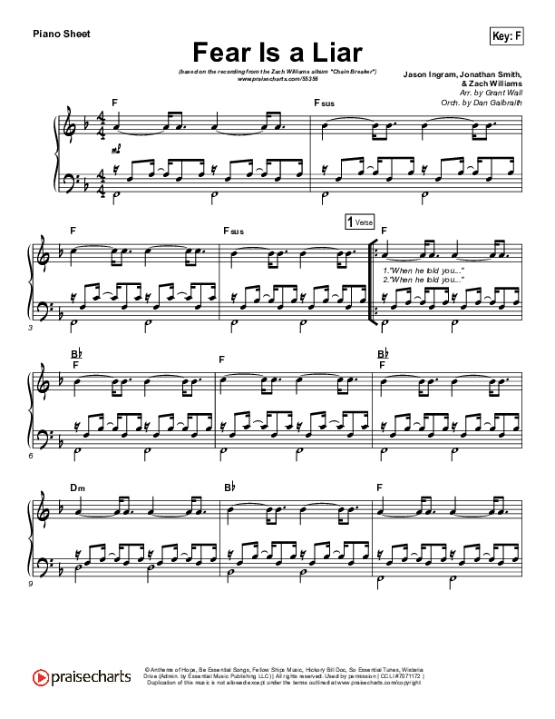 Fear Is A Liar Piano Sheet (Zach Williams)