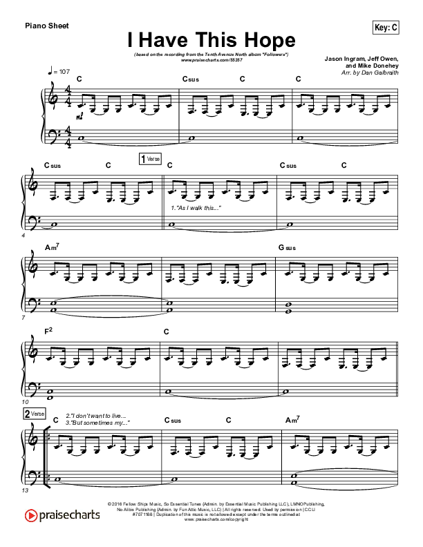 I Have This Hope Piano Sheet (Tenth Avenue North)