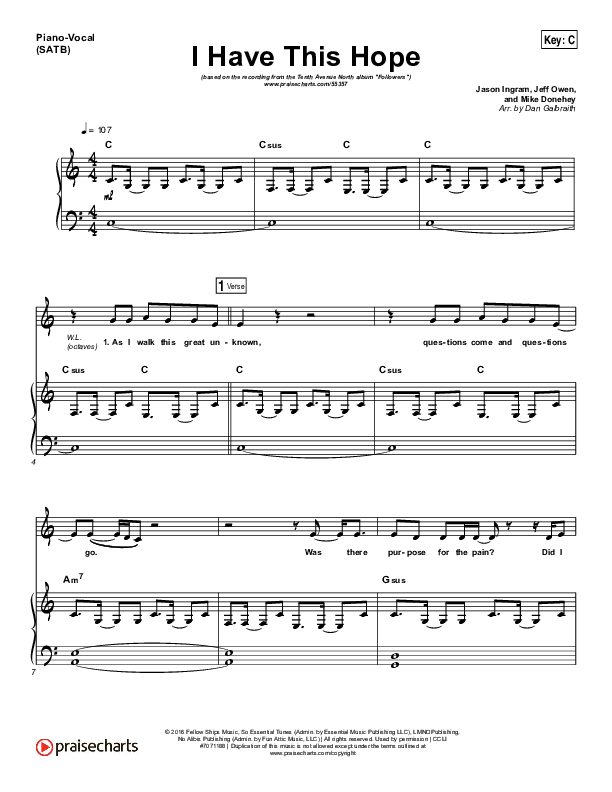 I Have This Hope Piano/Vocal (SATB) (Tenth Avenue North)