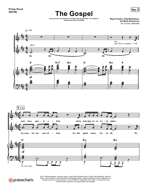 The Gospel Sheet Music PDF (Ryan Stevenson) - PraiseCharts