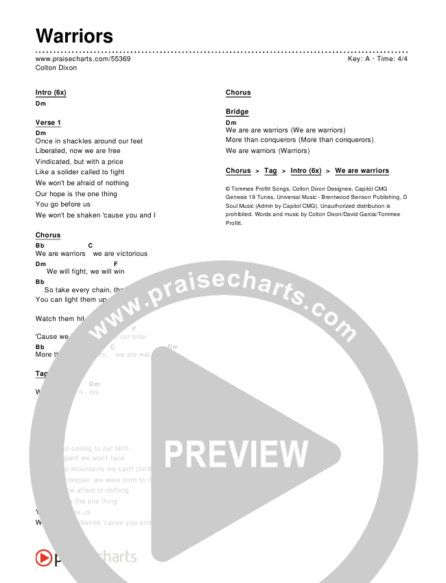 Warriors Chords & Lyrics (Colton Dixon)