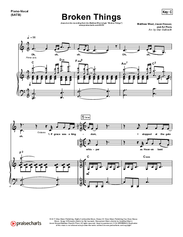 Broken Things Piano/Vocal (Print Only) (Matthew West)