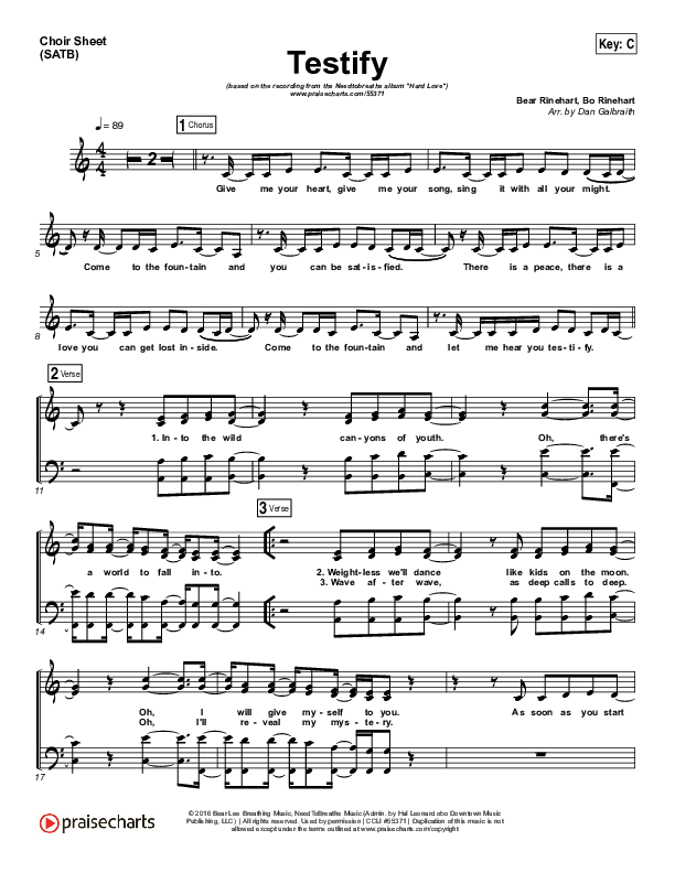 Testify Choir Sheet (SATB) (Print Only) (Needtobreathe)