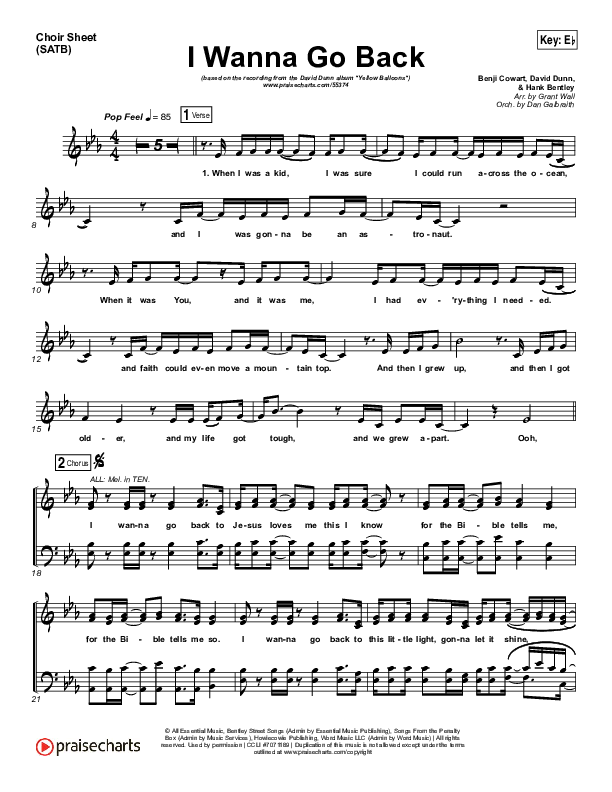 I Wanna Go Back Choir Sheet (SATB) (David Dunn)