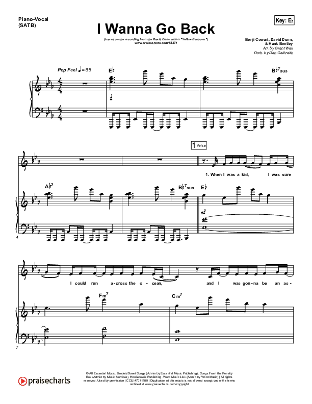 I Wanna Go Back Piano/Vocal (SATB) (David Dunn)