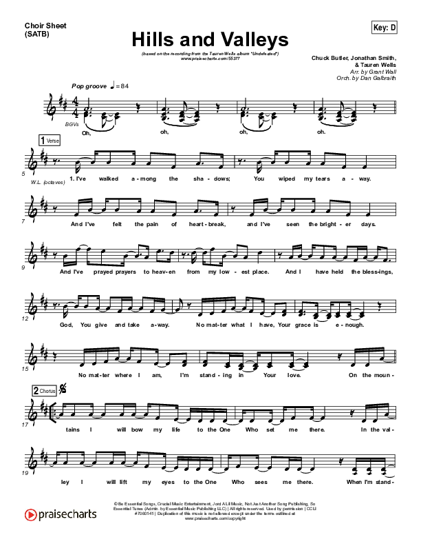 Hills And Valleys Choir Vocals (SATB) (Tauren Wells)