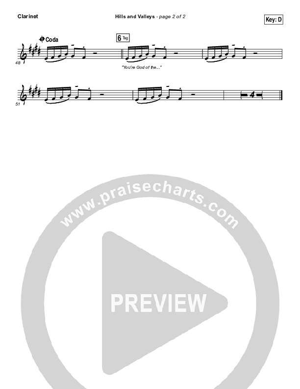 Hills And Valleys Clarinet (Tauren Wells)