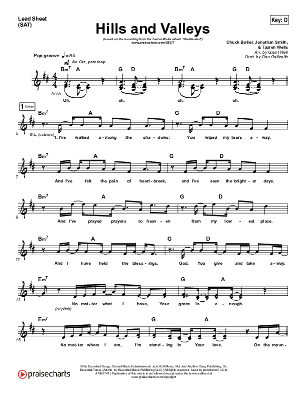 Hills And Valleys Lead Sheet (SAT) (Tauren Wells)
