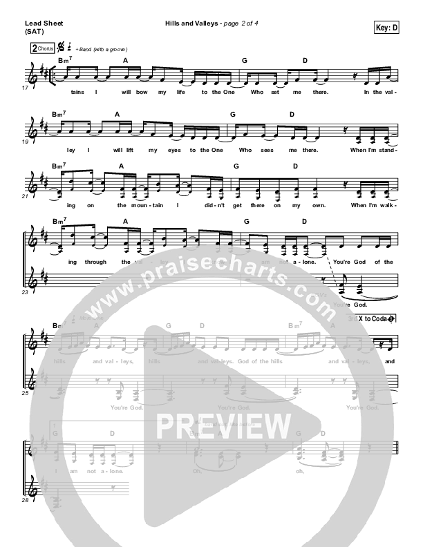 Hills And Valleys Lead Sheet (SAT) (Tauren Wells)