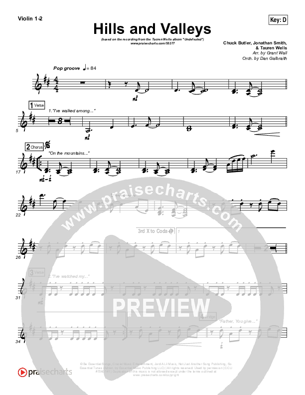 Hills And Valleys Violin 1/2 (Tauren Wells)