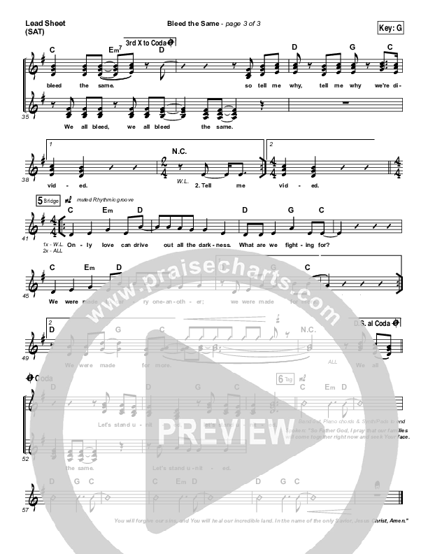 Bleed The Same Lead Sheet (SAT) (Mandisa)