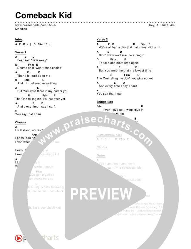 Comeback Kid Chords & Lyrics (Mandisa)