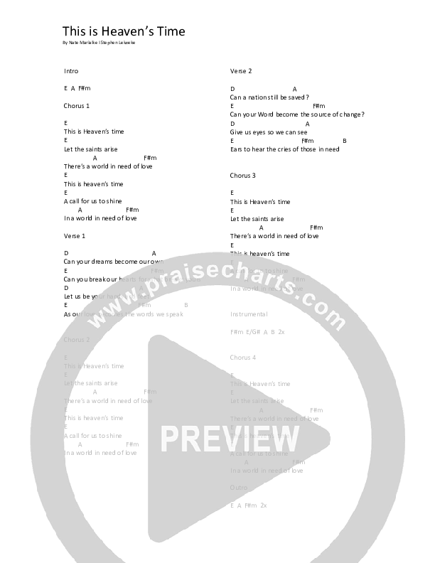 This Is Heaven's Time Chords & Lyrics (Nate Marialke)