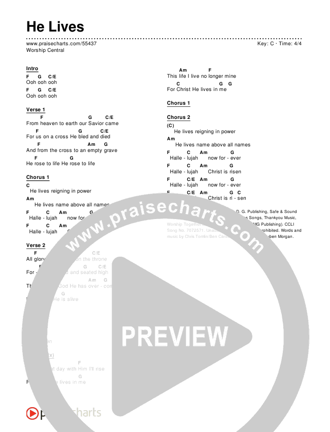 He Lives Chords PDF (Worship Central) - PraiseCharts