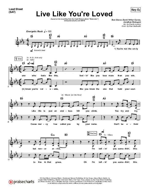 Live Like You're Loved Lead Sheet (SAT) (Hawk Nelson)