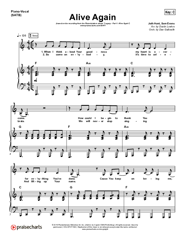 Alive Again Piano/Vocal Pack (Planetshakers)