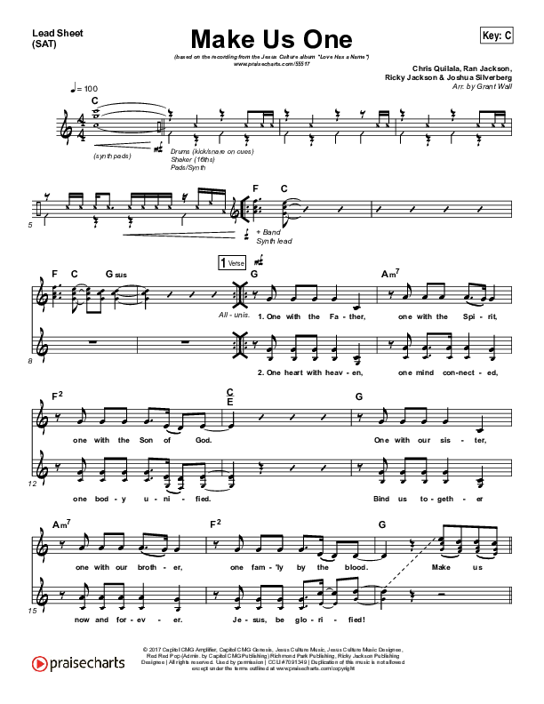 Make Us One Lead Sheet (SAT) (Jesus Culture / Chris Quilala)