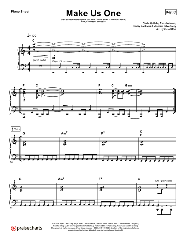 Make Us One Piano Sheet (Jesus Culture / Chris Quilala)