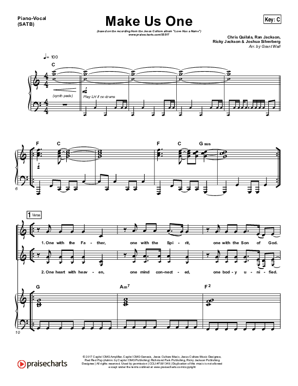 Make Us One Piano/Vocal (SATB) (Jesus Culture / Chris Quilala)