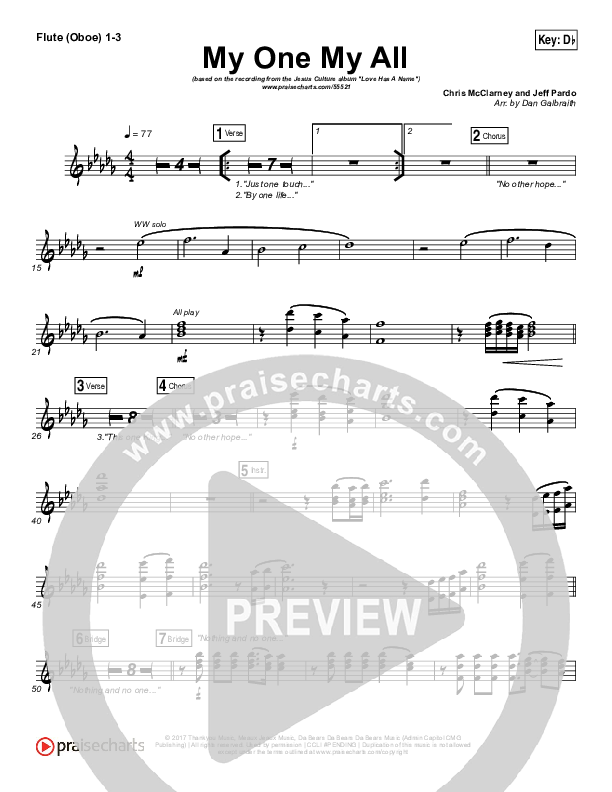 My One My All Flute/Oboe 1/2/3 (Jesus Culture / Chris McClarney)