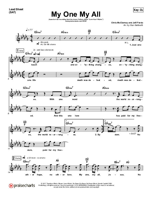 My One My All Lead Sheet (SAT) (Jesus Culture / Chris McClarney)