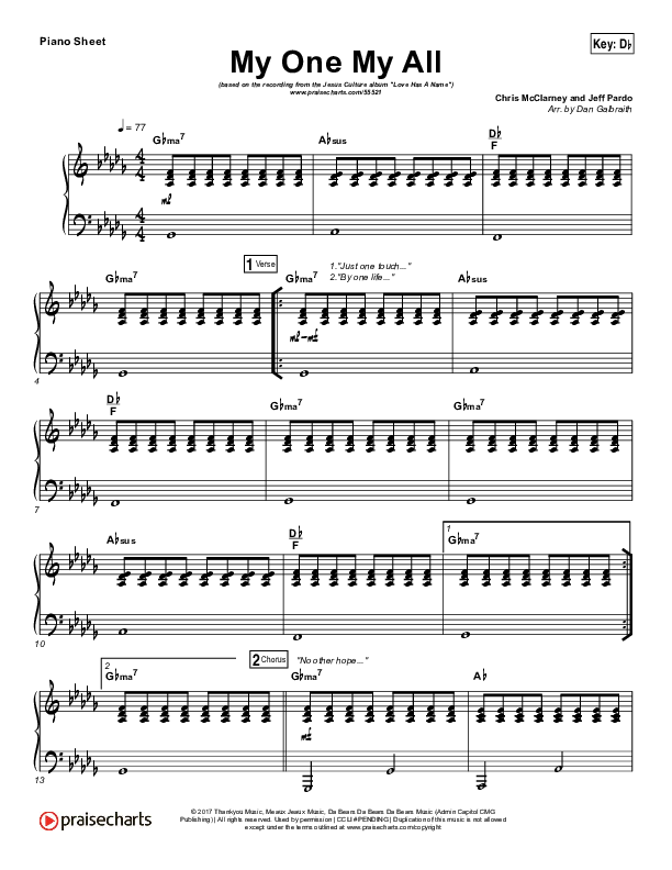 My One My All Piano Sheet (Jesus Culture / Chris McClarney)