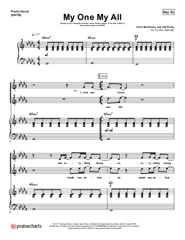 My One My All Piano/Vocal (SATB) (Jesus Culture / Chris McClarney)