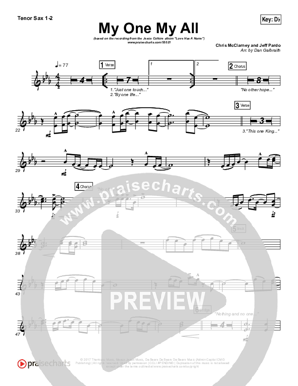 My One My All Tenor Sax 1/2 (Jesus Culture / Chris McClarney)