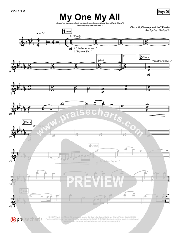 My One My All Violin 1/2 (Jesus Culture / Chris McClarney)