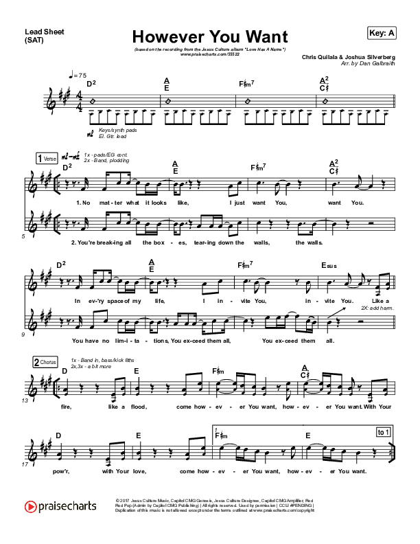 However You Want Lead Sheet (SAT) (Jesus Culture / Chris Quilala)