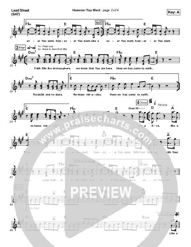 However You Want Lead Sheet (SAT) (Jesus Culture / Chris Quilala)