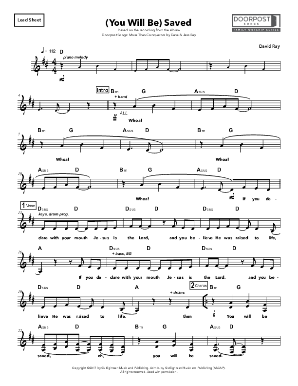 (You Will Be) Saved Piano/Vocal (Doorpost Songs / Dave and Jess Ray)