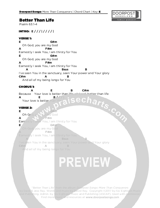 Better Than Life Chords & Lyrics (Doorpost Songs / Dave and Jess Ray)