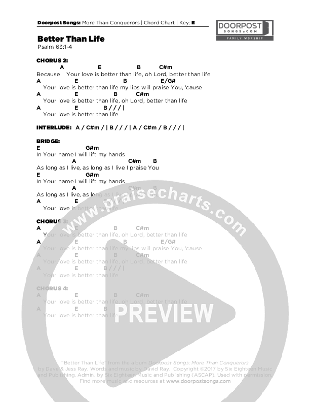 Better Than Life Chords & Lyrics (Doorpost Songs / Dave and Jess Ray)
