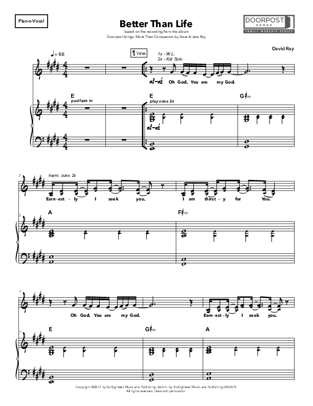 Better Than Life Piano/Vocal & Lead (Doorpost Songs / Dave and Jess Ray)