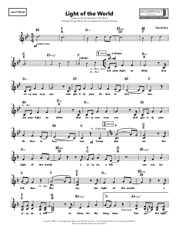 Light Of The World Lead Sheet (Doorpost Songs / Dave and Jess Ray)