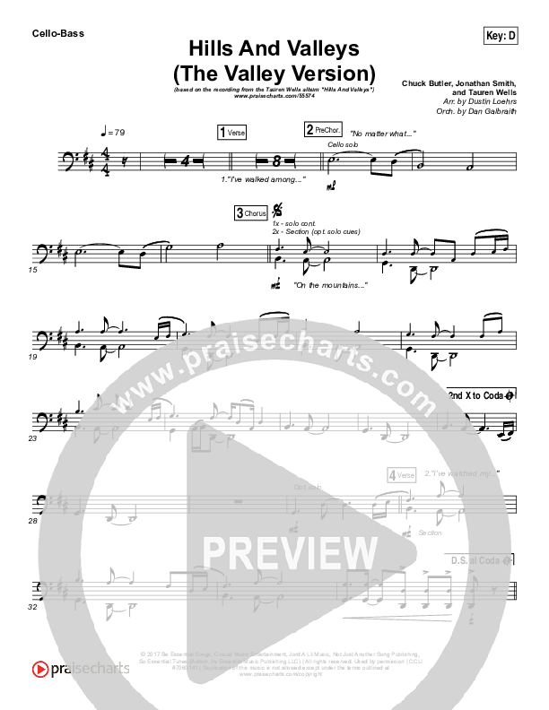 Hills And Valleys (The Valleys Version) Cello/Bass (Tauren Wells)