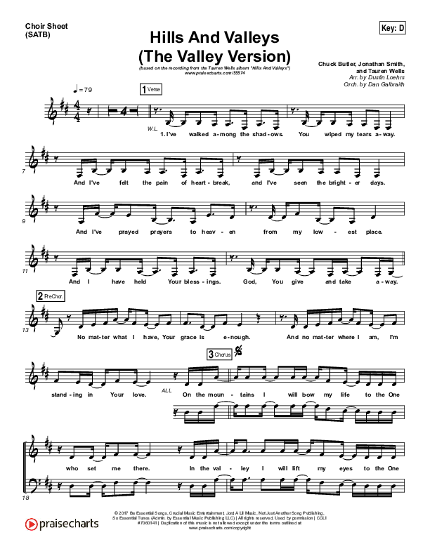 Hills And Valleys (The Valleys Version) Choir Sheet (SATB) (Tauren Wells)