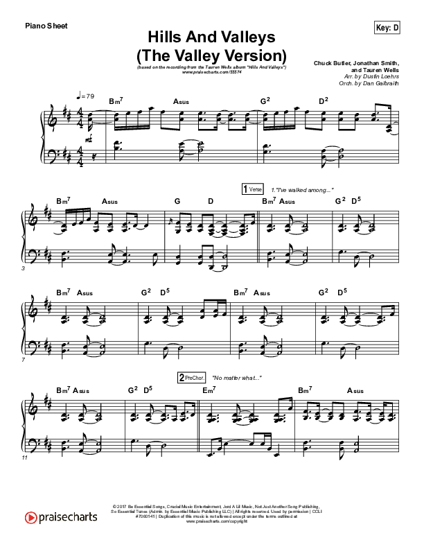 Hills And Valleys (The Valleys Version) Piano Sheet (Tauren Wells)