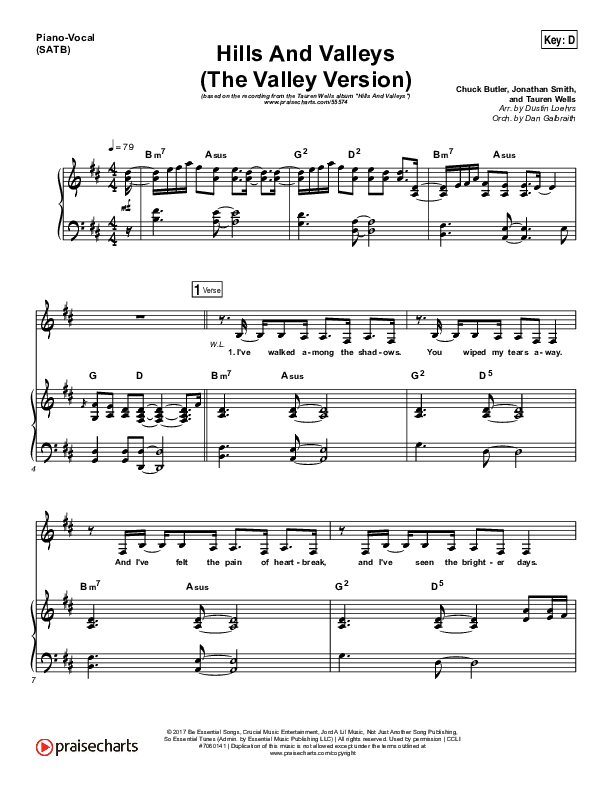 Hills And Valleys (The Valleys Version) Piano/Vocal Pack (Tauren Wells)